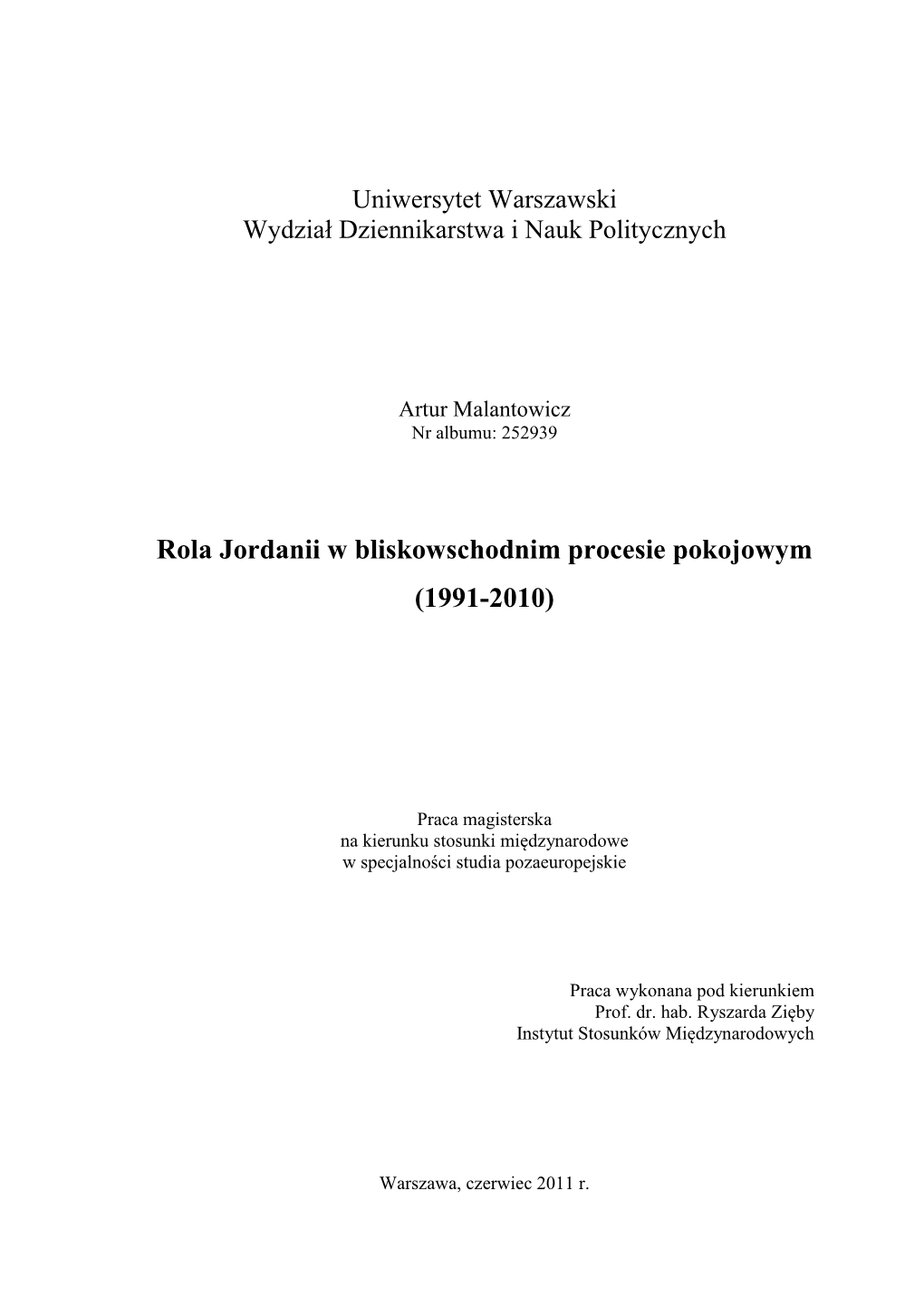 Rola Jordanii W Bliskowschodnim Procesie Pokojowym (1991-2010)