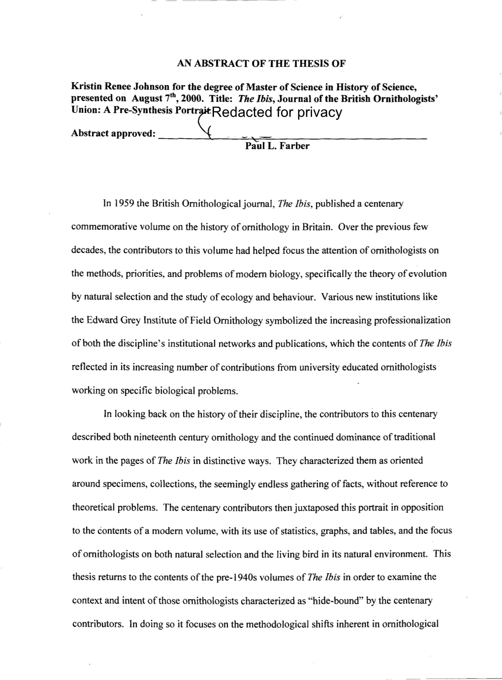 The Ibis, Journal of the British Ornithologists' Union: a Pre-Synthesis Poredacted for Privacy Abstract Approved: Paul L