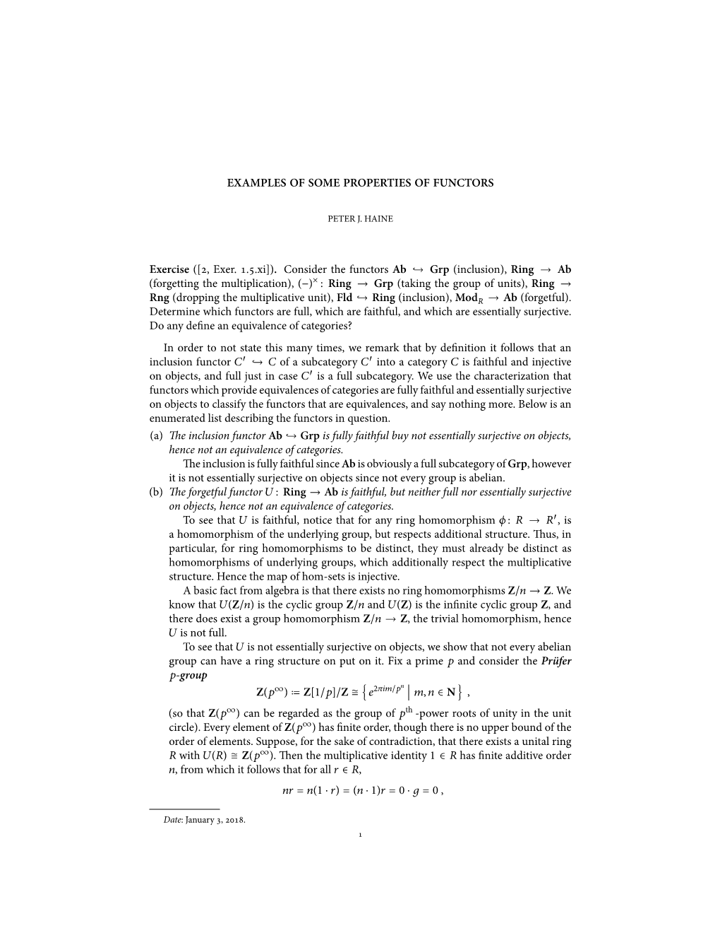 EXAMPLES of SOME PROPERTIES of FUNCTORS Exercise ([2, Exer