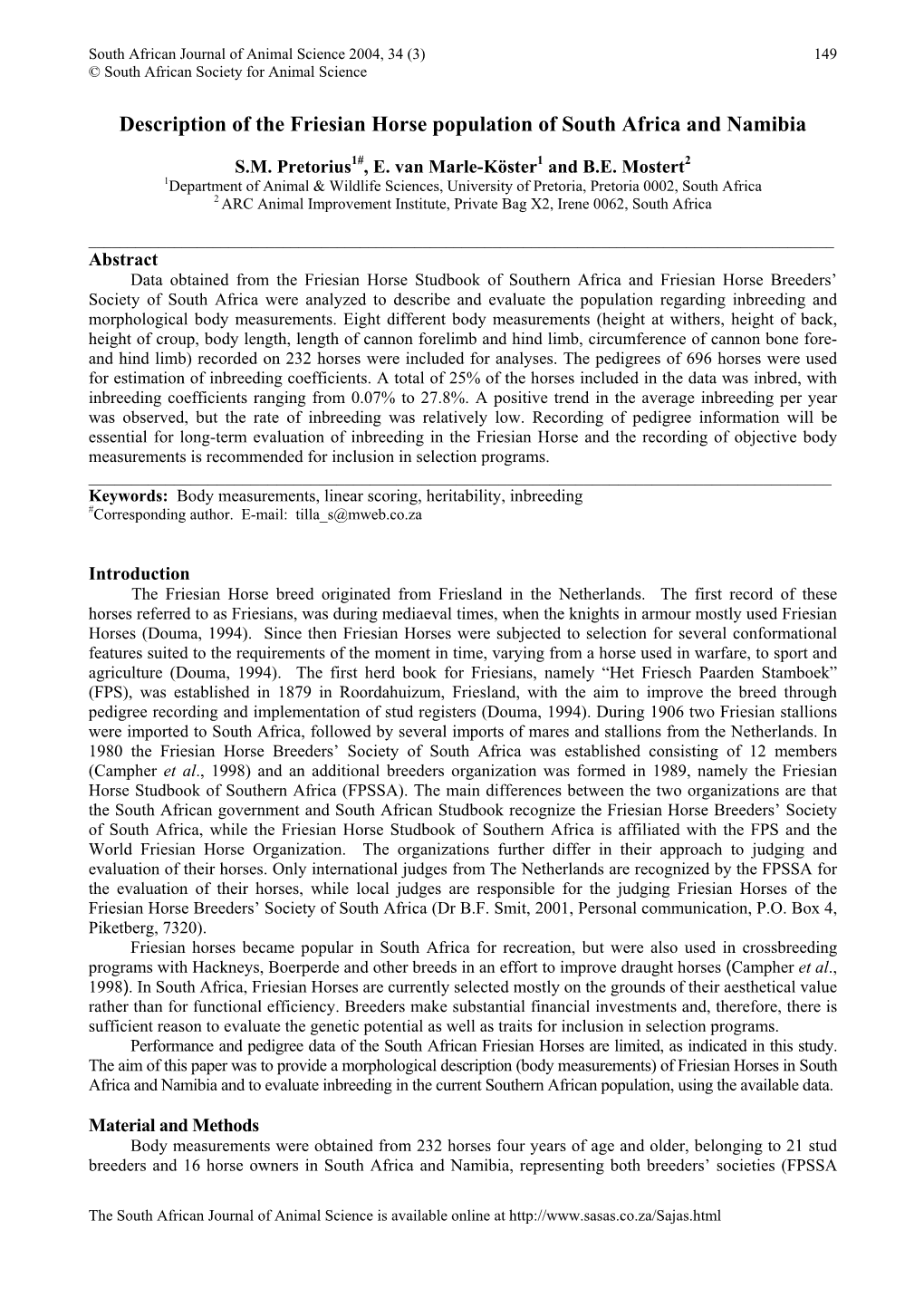 Description of the Friesian Horse Population of South Africa and Namibia