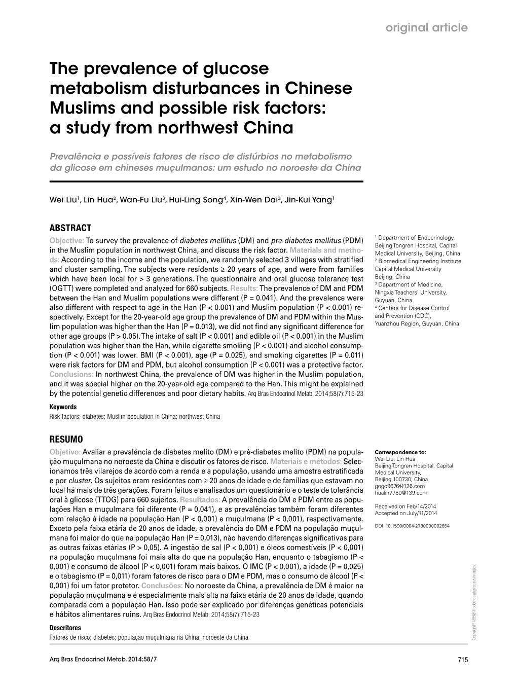 The Prevalence of Glucose Metabolism Disturbances in Chinese Muslims and Possible Risk Factors