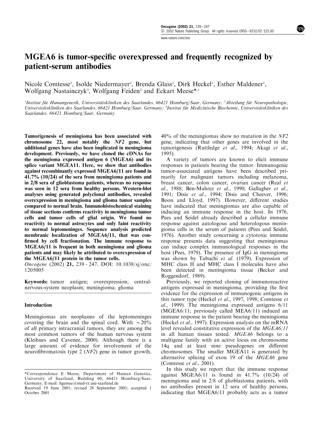 MGEA6 Is Tumor-Specific Overexpressed and Frequently