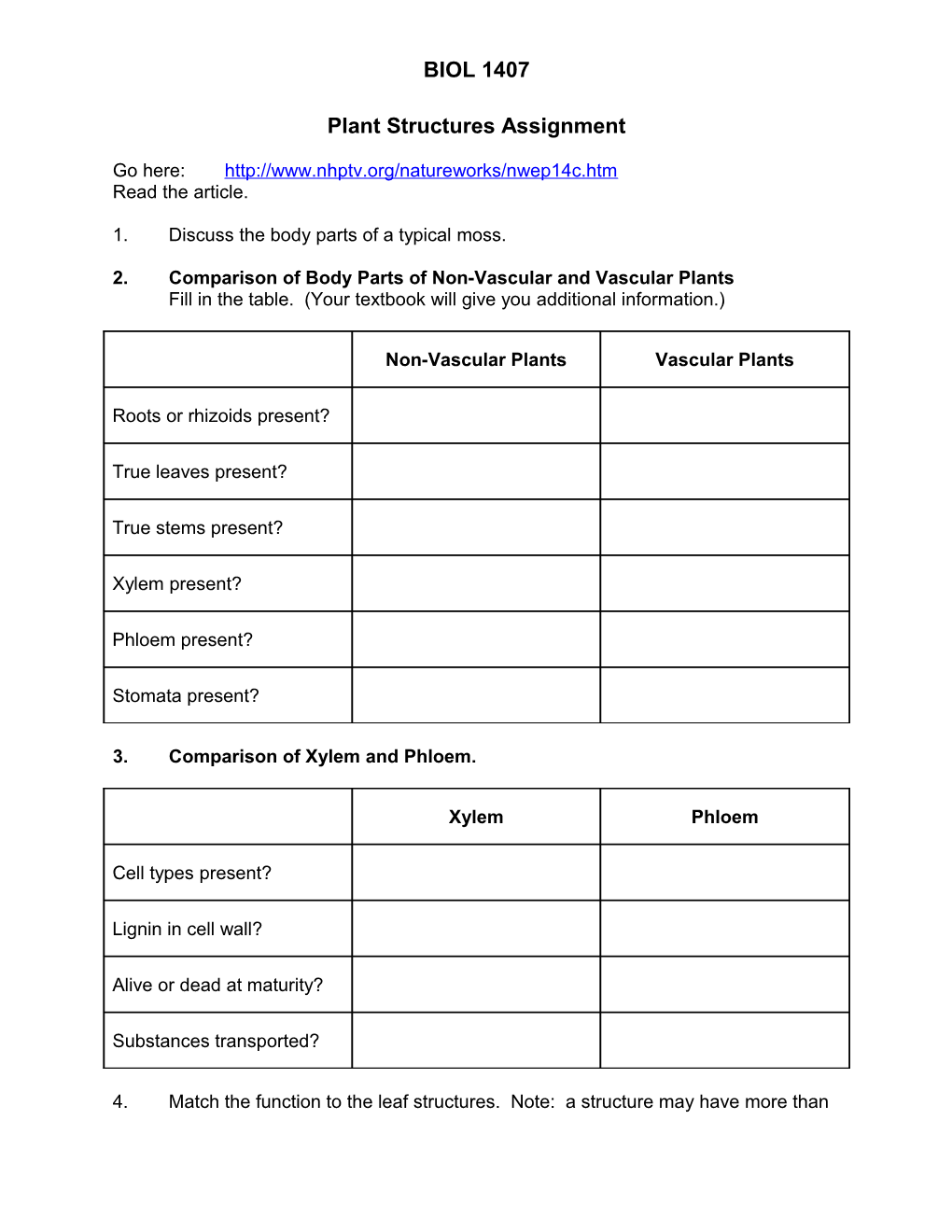 Plant Structures Assignment