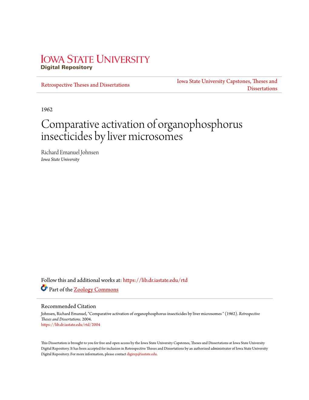 Comparative Activation of Organophosphorus Insecticides by Liver Microsomes Richard Emanuel Johnsen Iowa State University