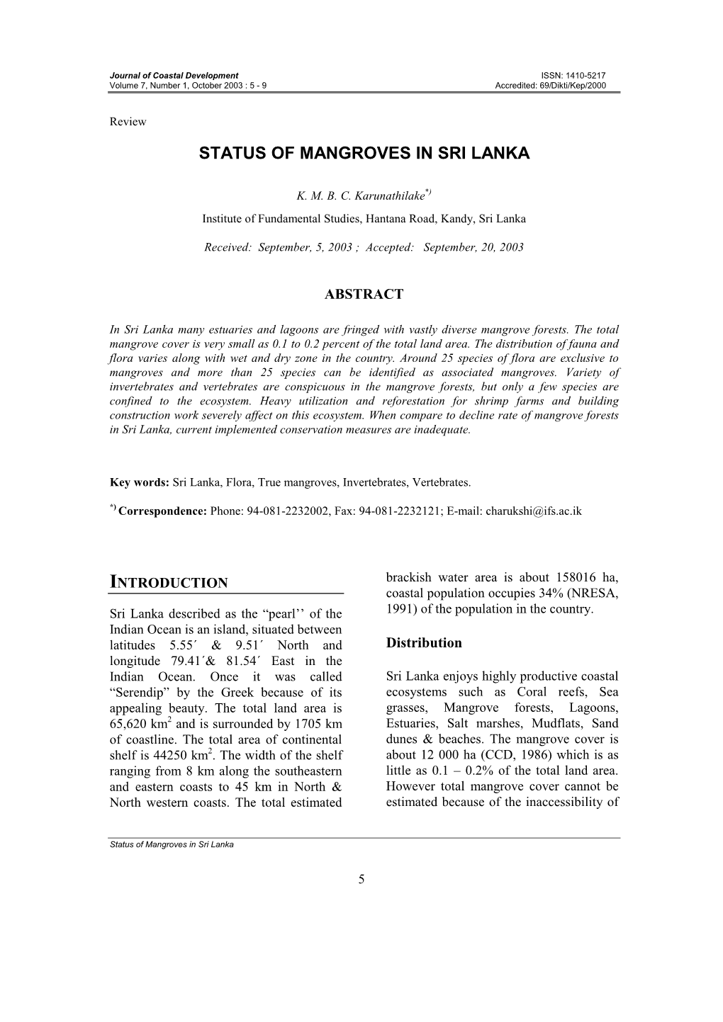 Status of Mangroves in Sri Lanka