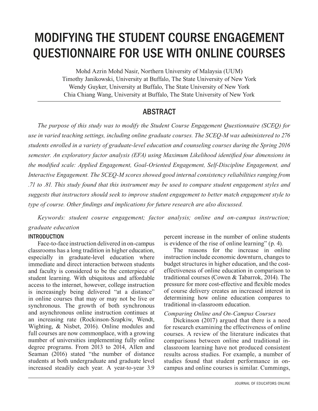 Modifying the Student Course Engagement Questionnaire for Use with Online Courses