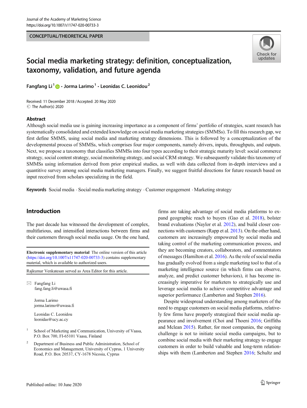 Social Media Marketing Strategy: Definition, Conceptualization, Taxonomy, Validation, and Future Agenda