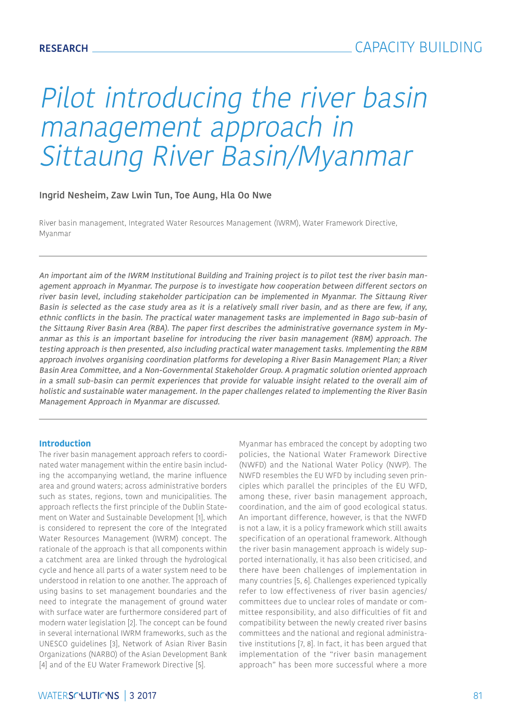 Pilot Introducing the River Basin Management Approach in ­Sittaung River Basin/Myanmar