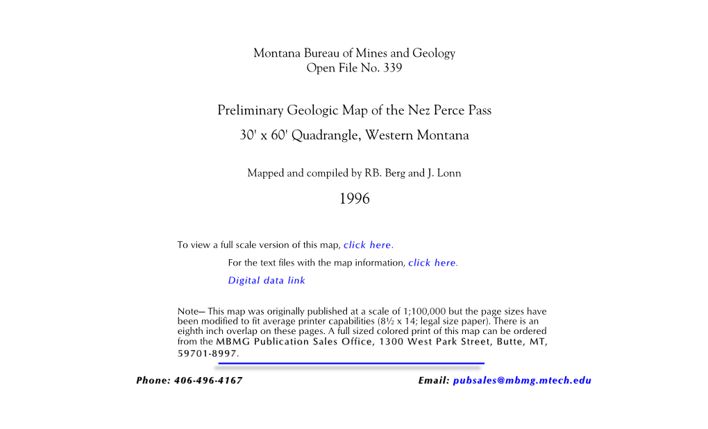 Preliminary Geologic Map of the Nez Perce Pass 30' X 60' Quadrangle, Western Montana