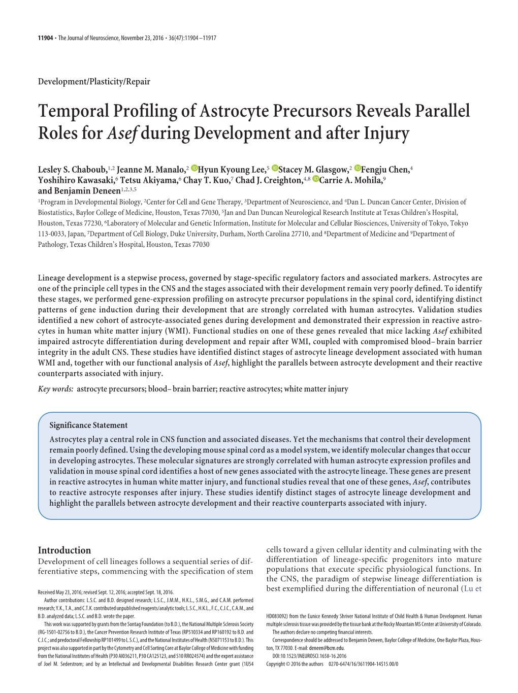 Temporal Profiling of Astrocyte Precursors Reveals Parallel Roles for Asef During Development and After Injury