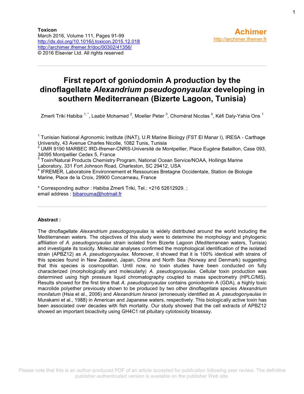 First Report of Goniodomin a Production by the Dinoflagellate Alexandrium Pseudogonyaulax Developing in Southern Mediterranean (Bizerte Lagoon, Tunisia)
