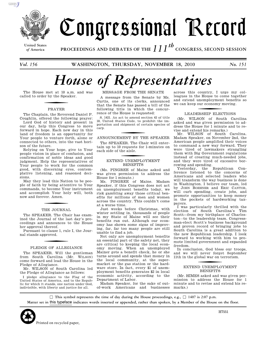 Congressional Record United States Th of America PROCEEDINGS and DEBATES of the 111 CONGRESS, SECOND SESSION