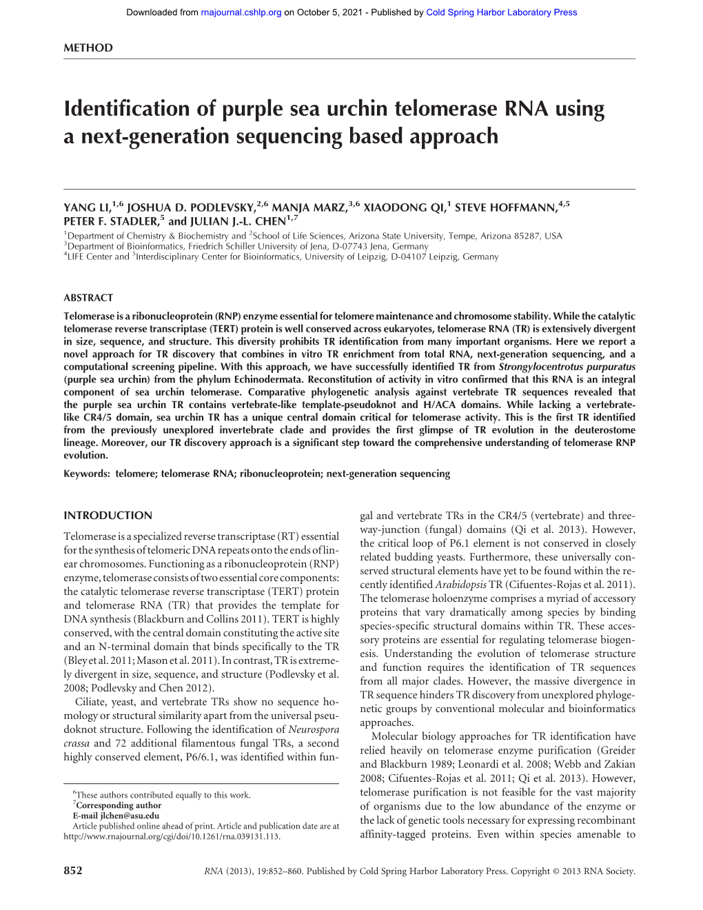 Identification of Purple Sea Urchin Telomerase RNA Using a Next-Generation Sequencing Based Approach