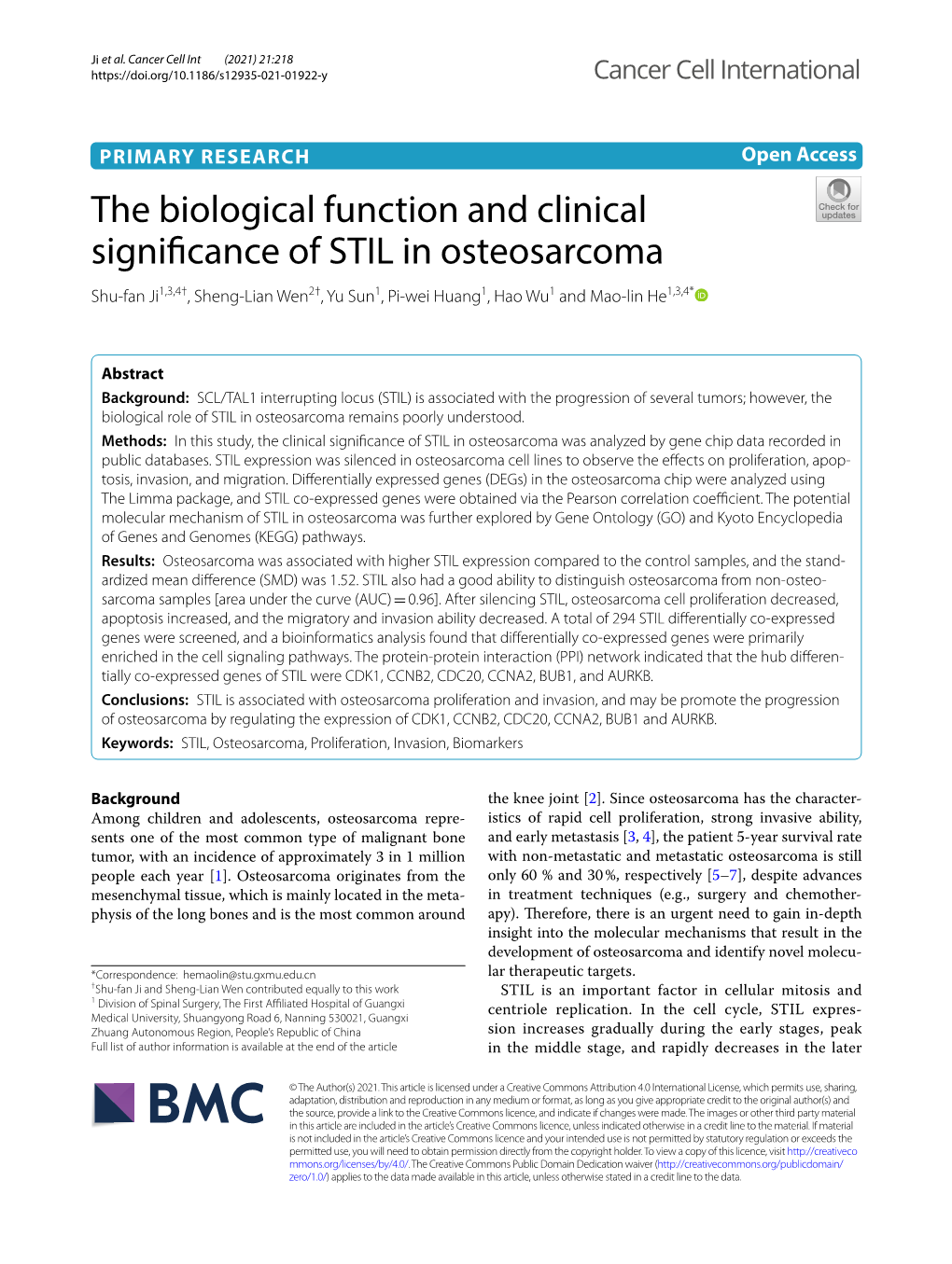 The Biological Function and Clinical Significance of STIL in Osteosarcoma