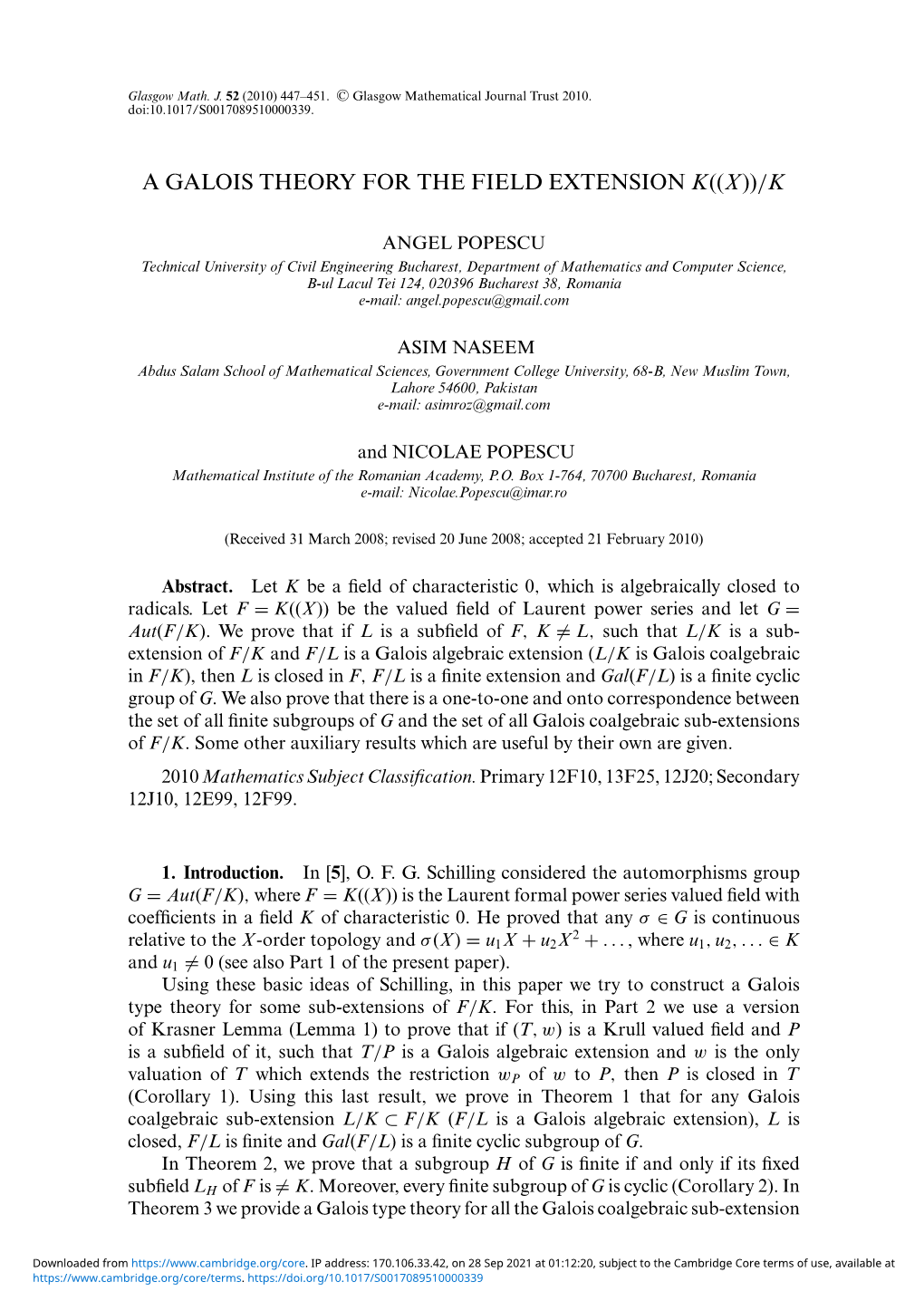 A Galois Theory for the Field Extension K((X))/K