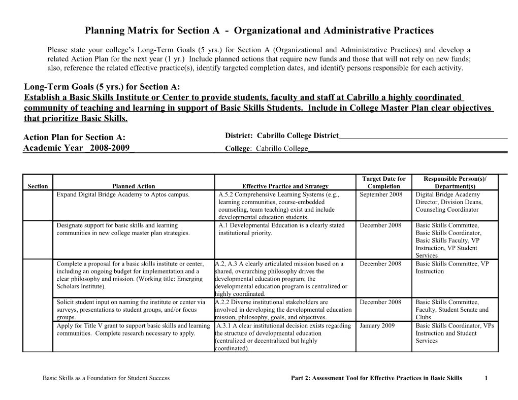 Planning Matrix for Section a - Organizational and Administrative Practices s1