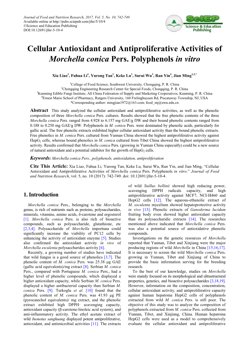 Cellular Antioxidant and Antiproliferative Activities of Morchella Conica Pers