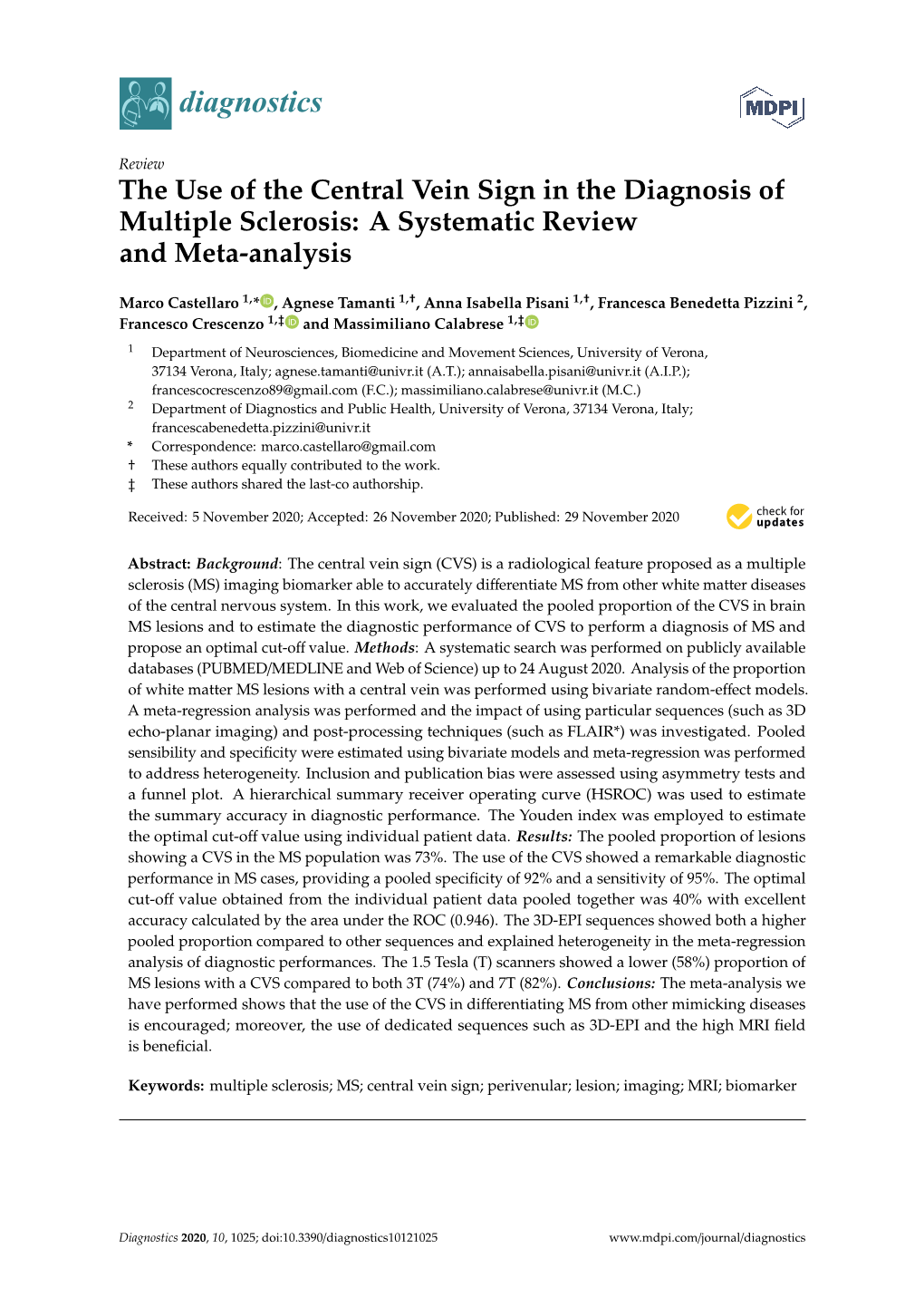 The Use of the Central Vein Sign in the Diagnosis of Multiple Sclerosis: a Systematic Review and Meta-Analysis