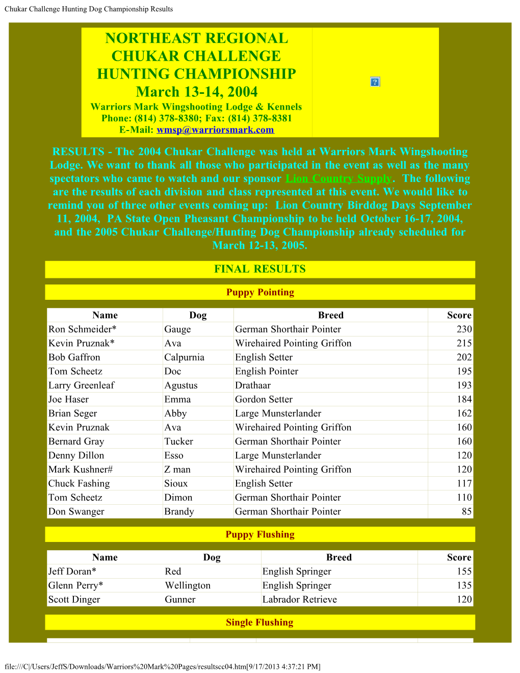 Chukar Challenge Hunting Dog Championship Results