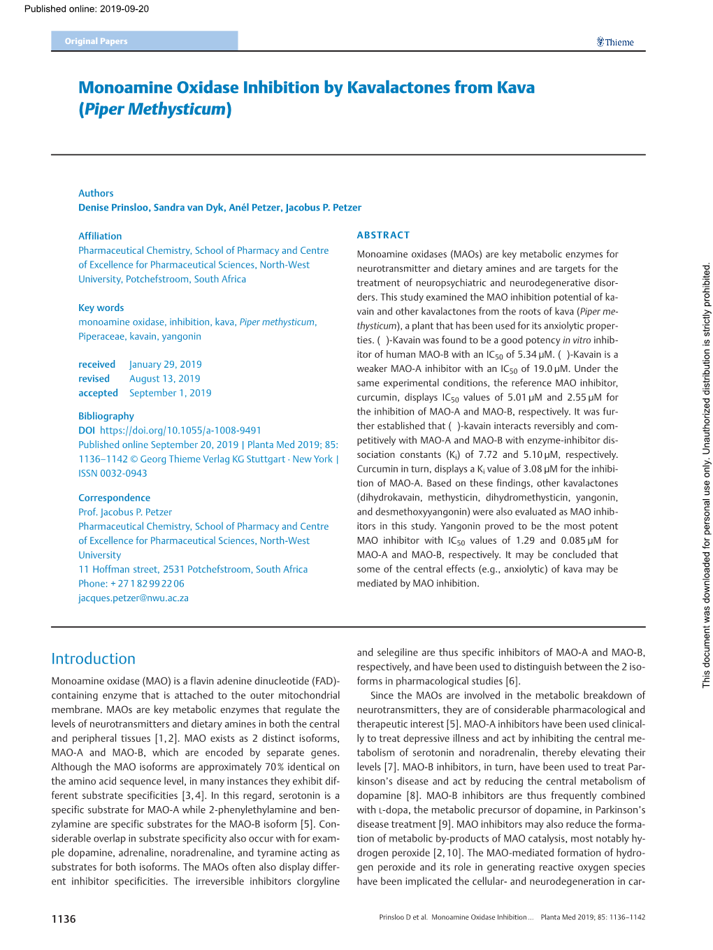 Monoamine Oxidase Inhibition by Kavalactones from Kava (Piper Methysticum)