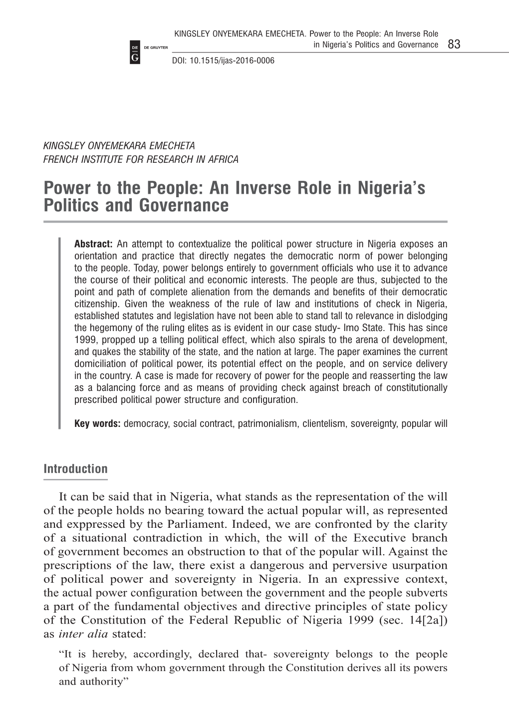 An Inverse Role in Nigeria's Politics And