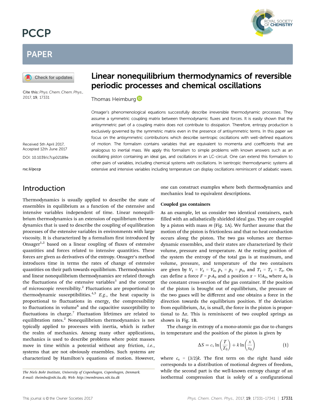 Linear Nonequilibrium Thermodynamics of Reversible Periodic Processes and Chemical Oscillations Cite This: Phys