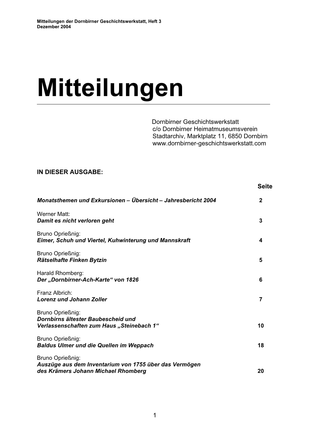 Mitteilungen Der Dornbirner Geschichtswerkstatt, Heft 3 Dezember 2004