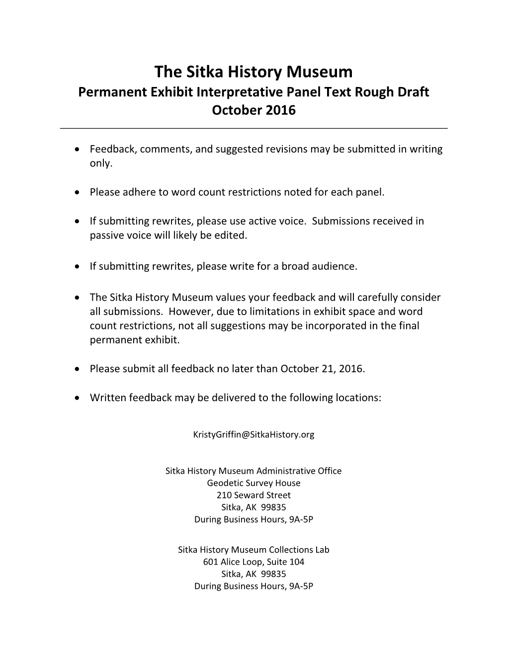 The Sitka History Museum Permanent Exhibit Interpretative Panel Text Rough Draft October 2016
