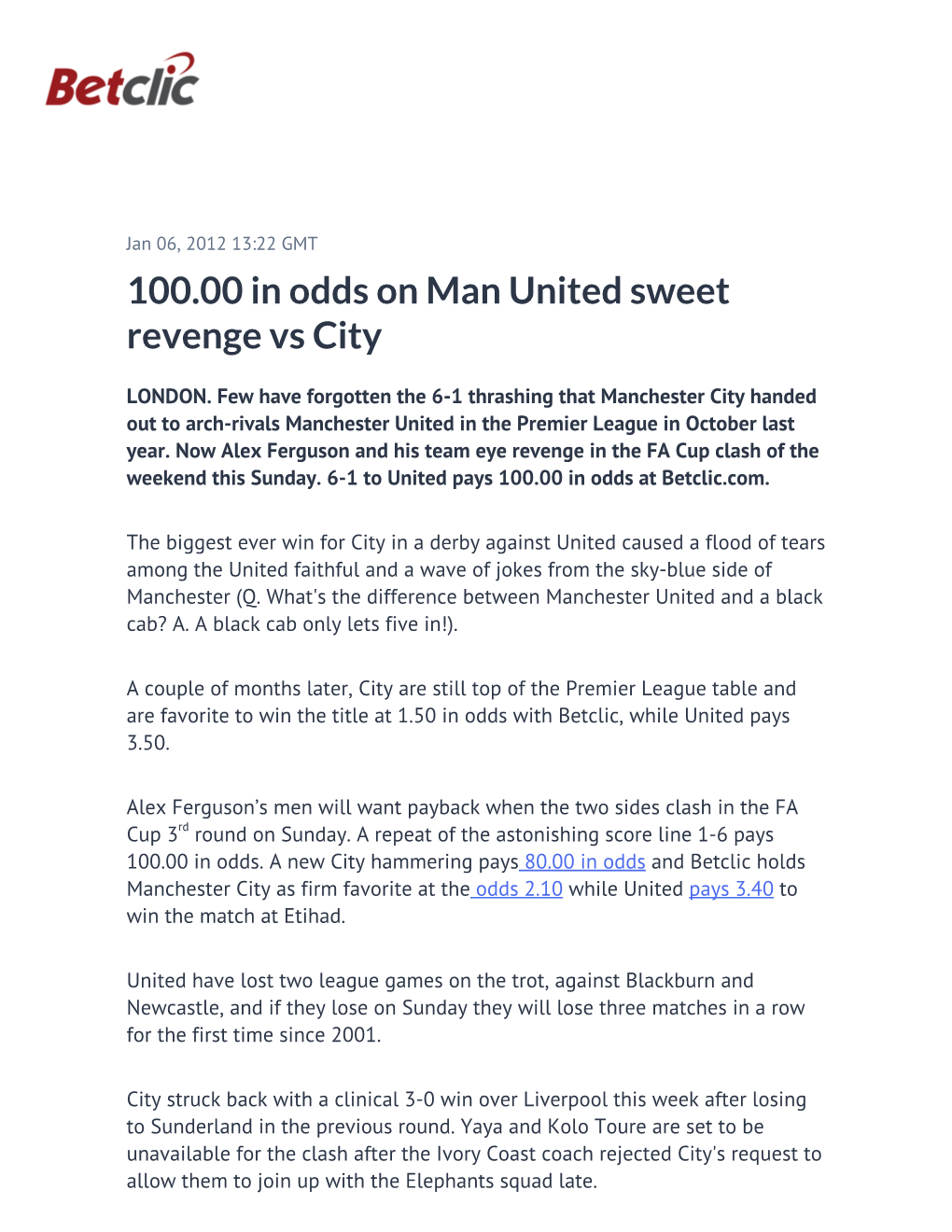 100.00 in Odds on Man United Sweet Revenge Vs City