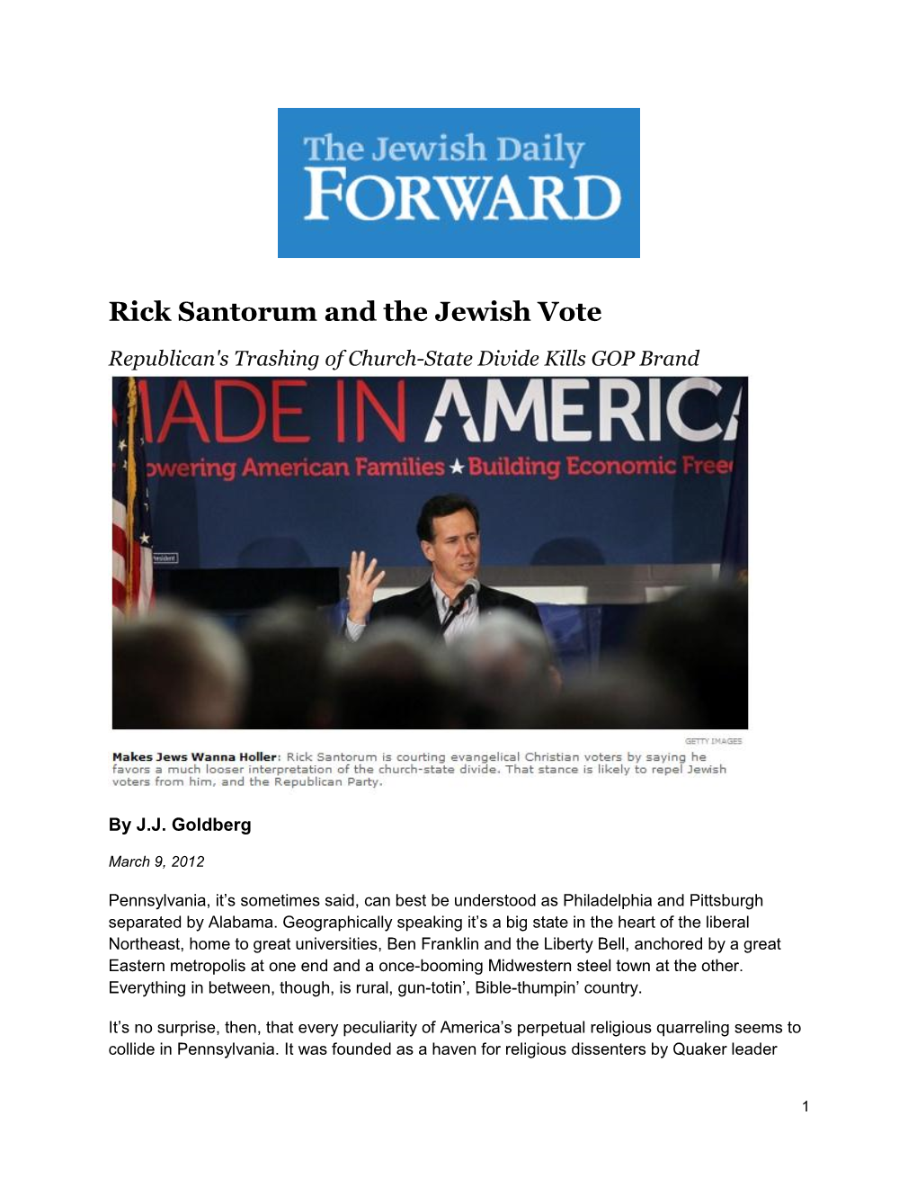 Rick Santorum and the Jewish Vote