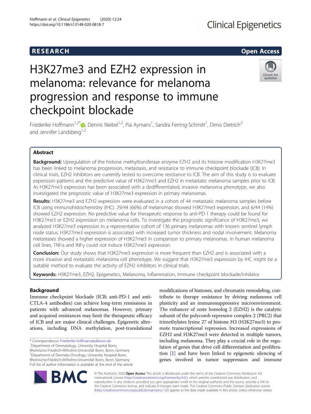 H3k27me3 and EZH2 Expression in Melanoma