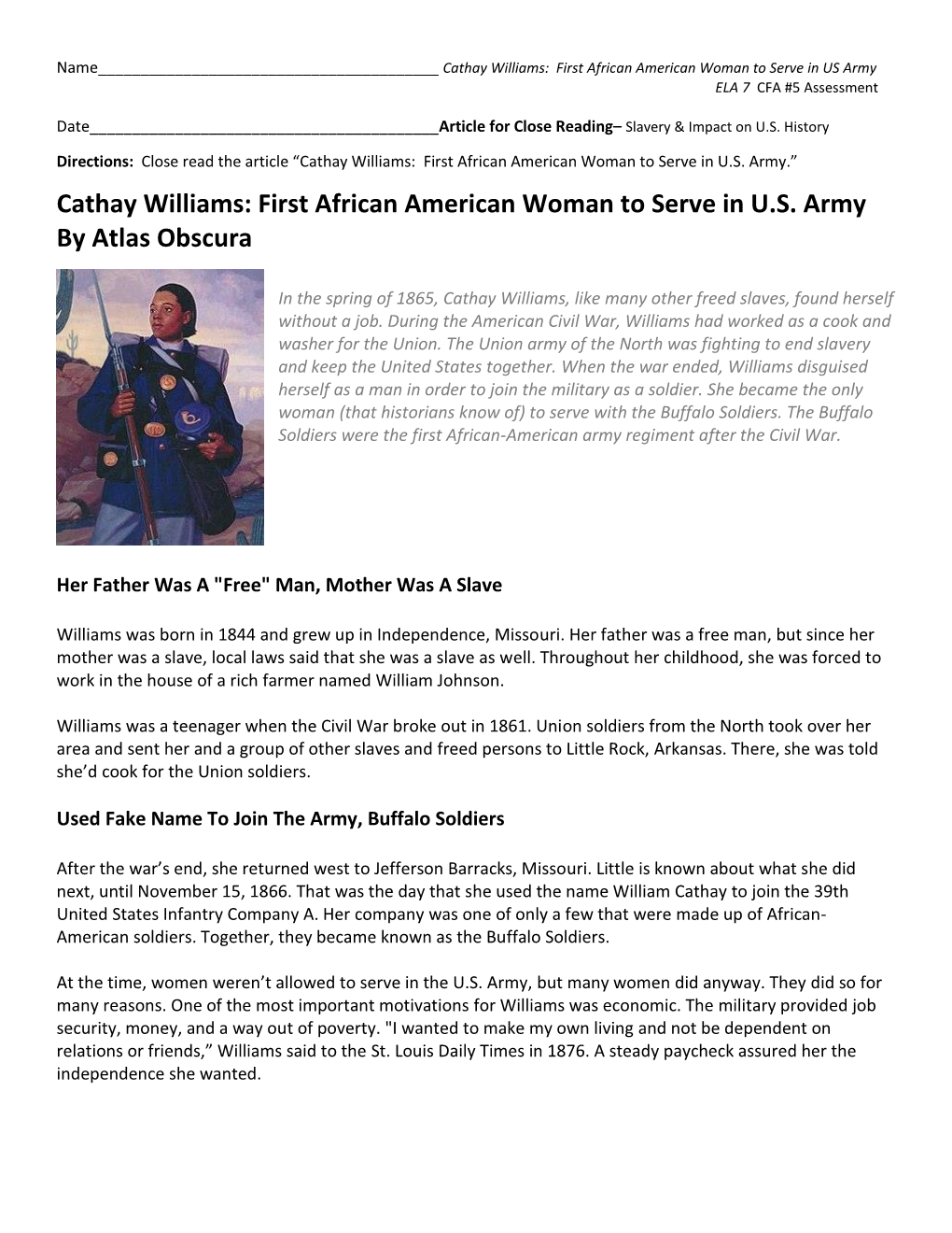 Cathay Williams: First African American Woman to Serve in U.S. Army.” Cathay Williams: First African American Woman to Serve in U.S