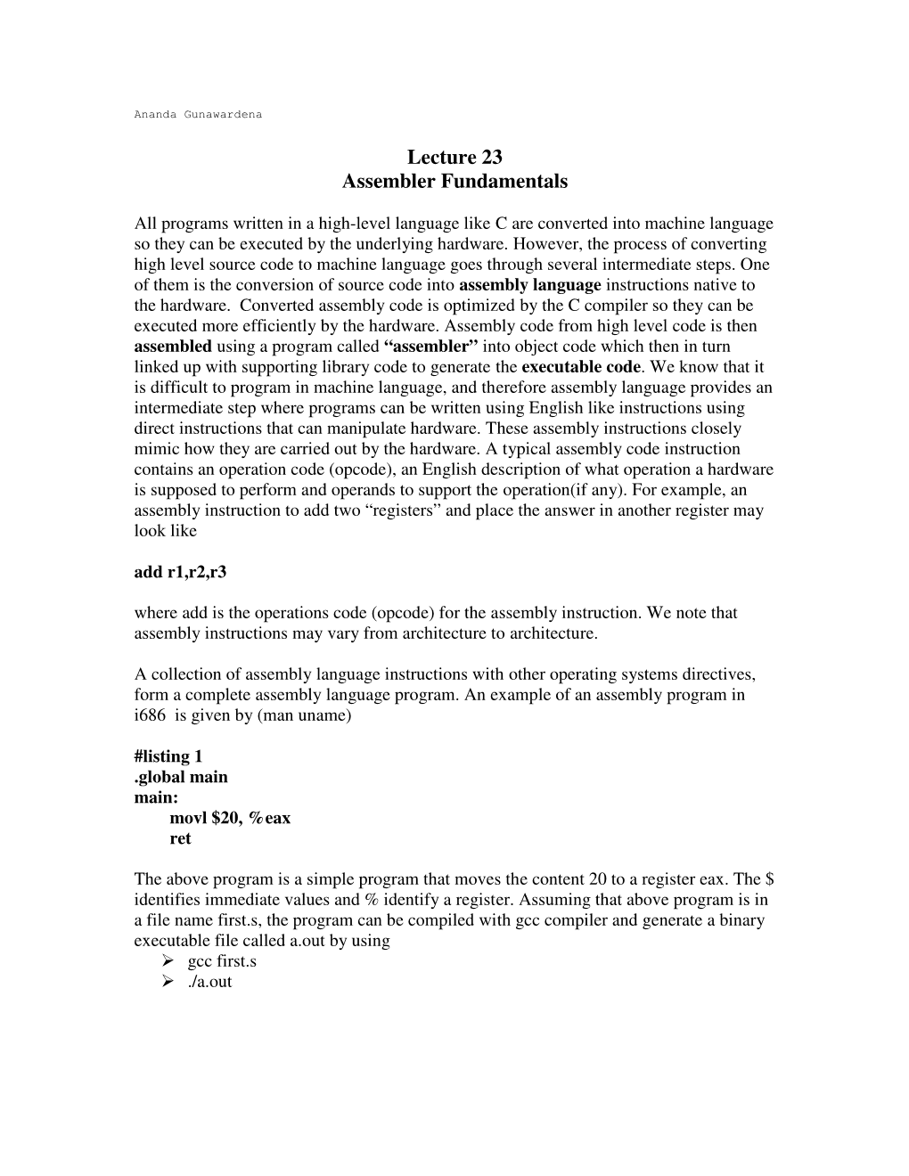 Lecture 23 Assembler Fundamentals