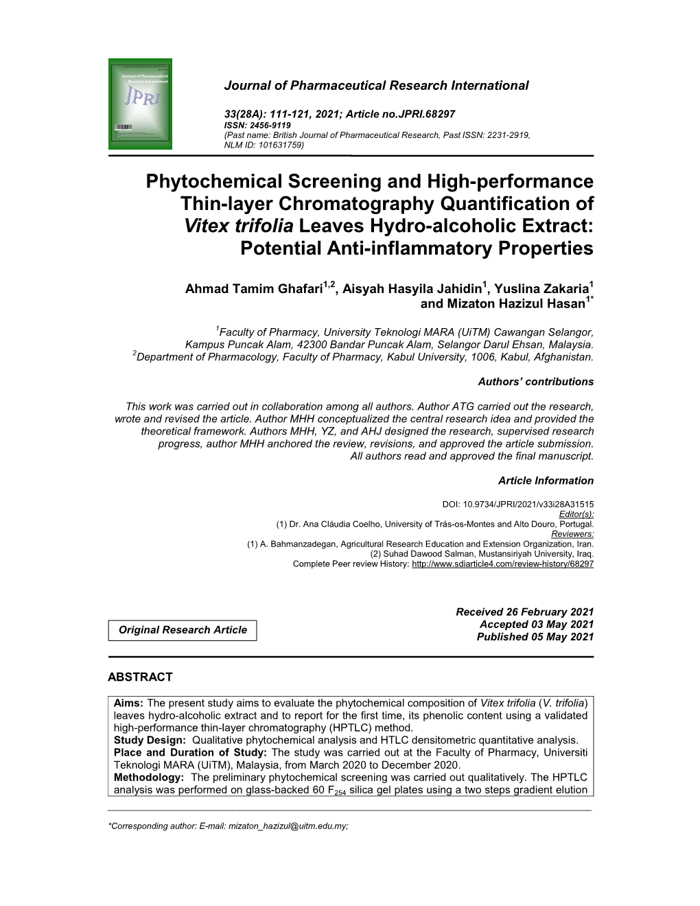 Phytochemical Screening and High-Performance Thin-Layer Chromatography Quantification of Vitex Trifolia Leaves Hydro-Alcoholic