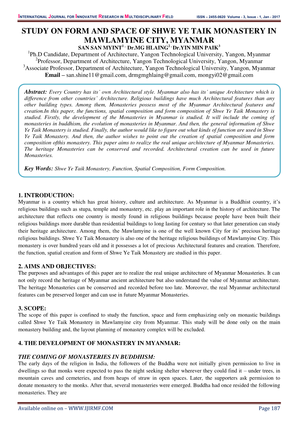 Study on Form and Space of Shwe Ye Taik Monastery in Mawlamyine City