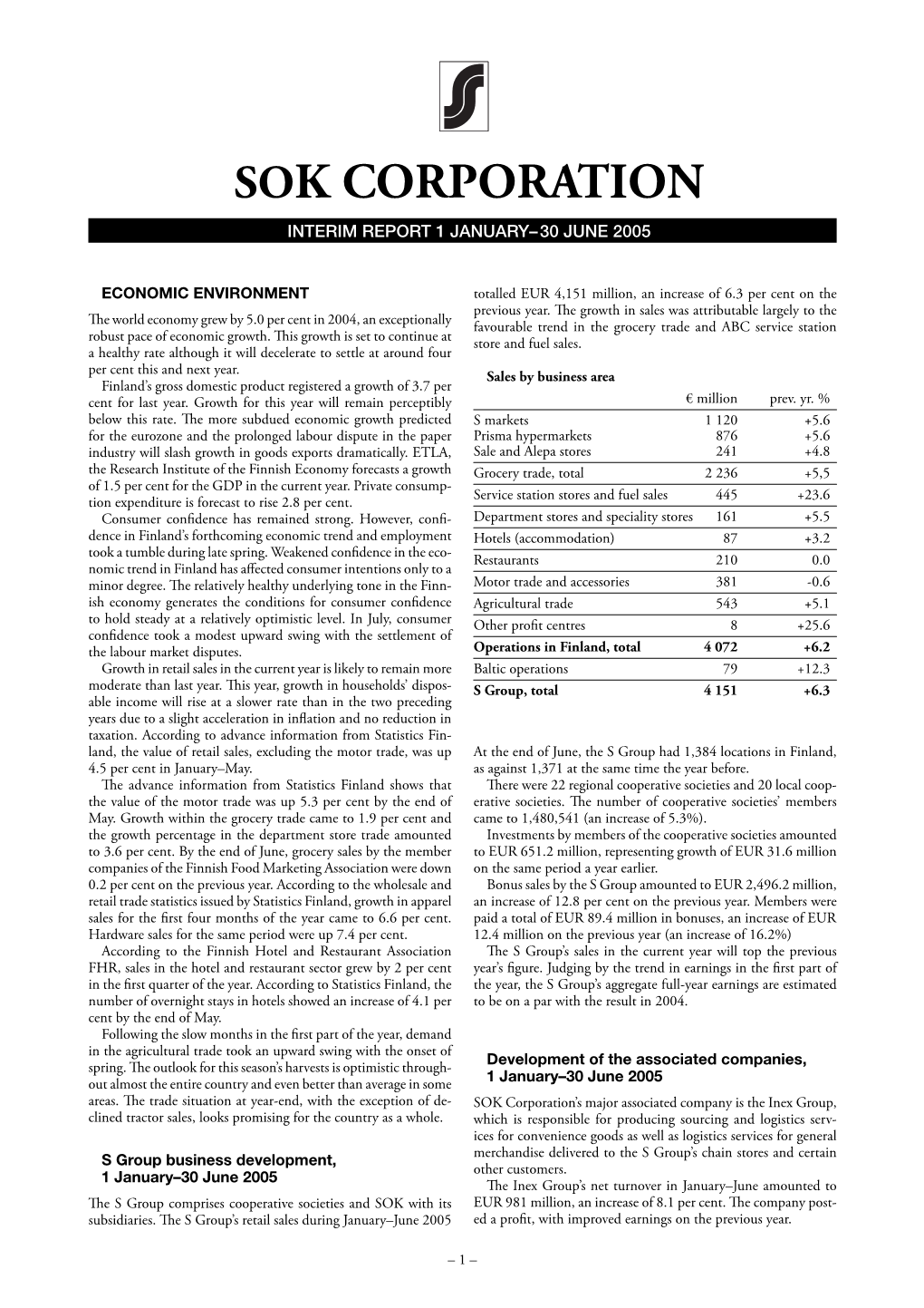 Sok Corporation Interim Report 1 January–30 June 2005