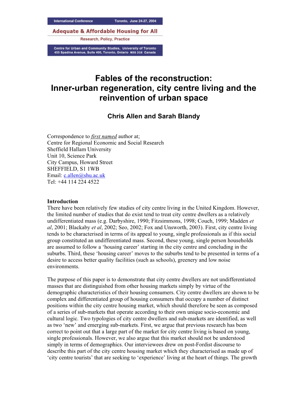 Fables of the Reconstruction: Inner-Urban Regeneration, City Centre Living and the Reinvention of Urban Space