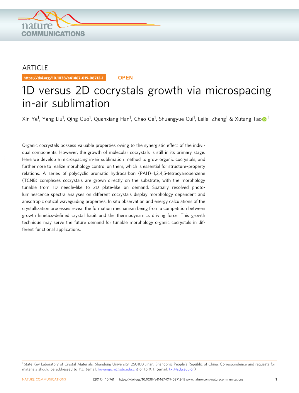 1D Versus 2D Cocrystals Growth Via Microspacing In-Air Sublimation