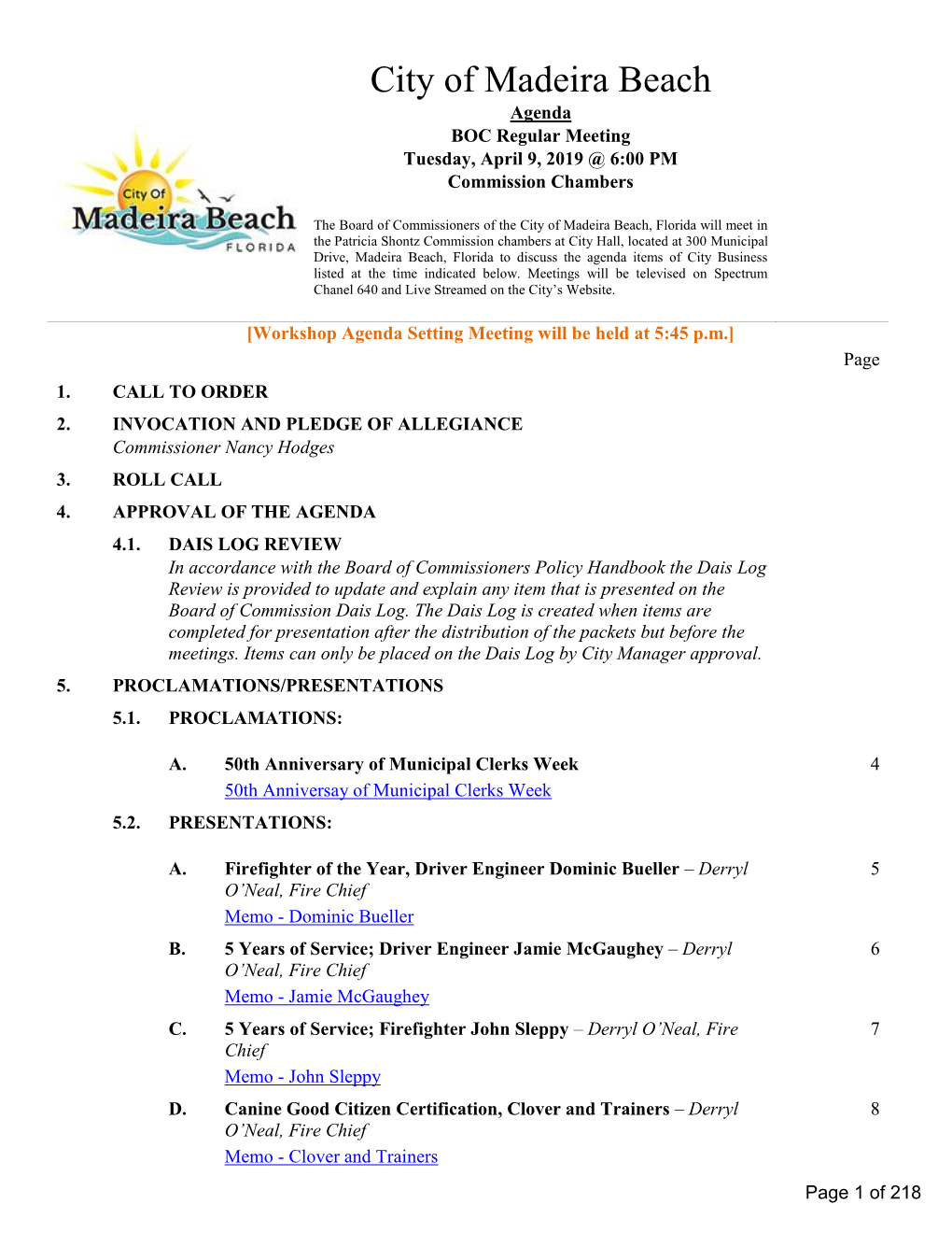 BOC Regular Meeting Tuesday, April 9, 2019 @ 6:00 PM Commission Chambers