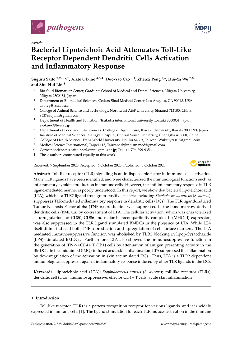 Bacterial Lipoteichoic Acid Attenuates Toll-Like Receptor Dependent Dendritic Cells Activation and Inflammatory Response