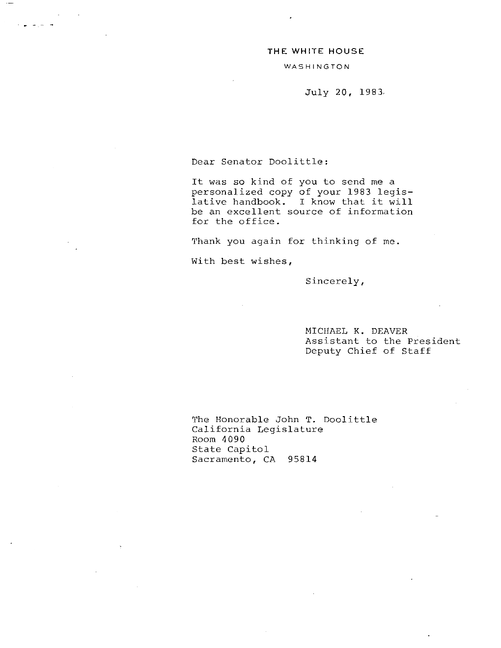 July 20, 1983, Dear Senator Doolittle: It Was So