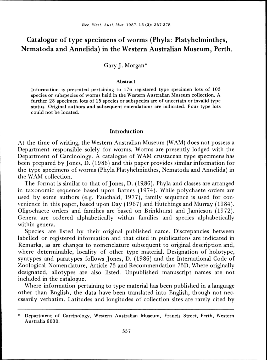 Catalogue of Type Specimens of Worms (Phyla: Platyhelminth~S, Nematoda and Annelida) in the Western Australian Museum, Perth