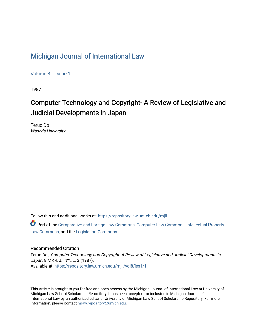 Computer Technology and Copyright- a Review of Legislative and Judicial Developments in Japan