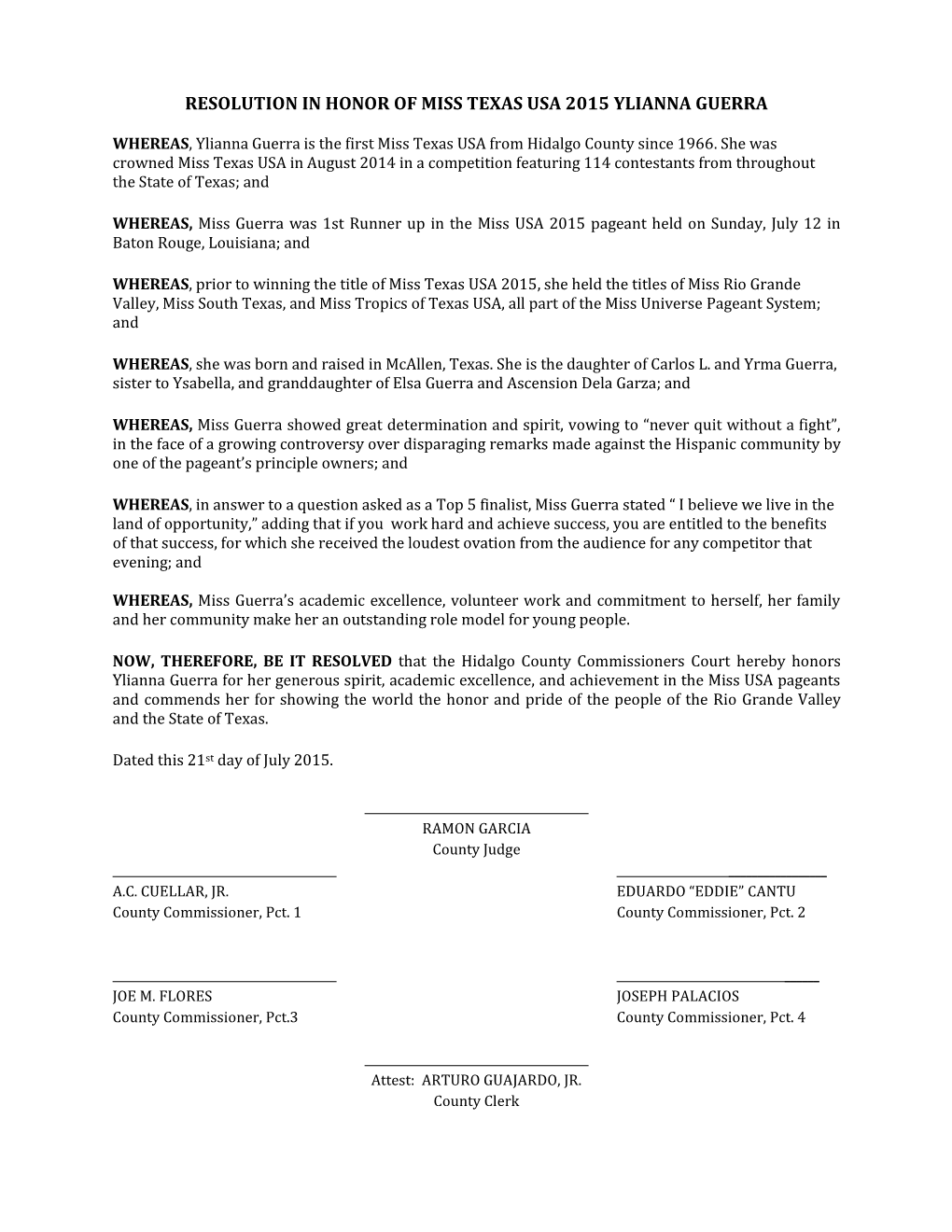 Resolution in Honor of Miss Texas Usa 2015 Ylianna Guerra