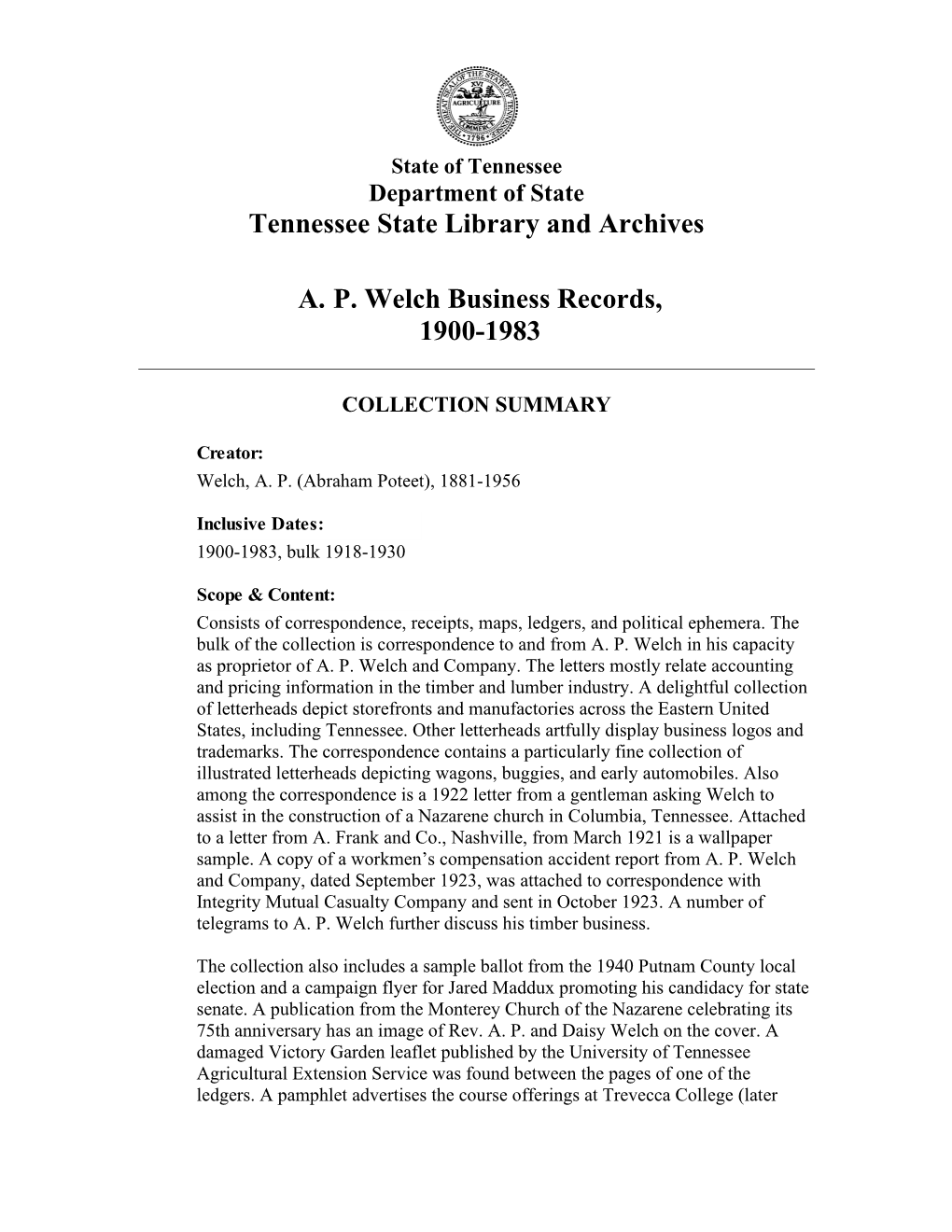 Tennessee State Library and Archives A. P. Welch Business Records