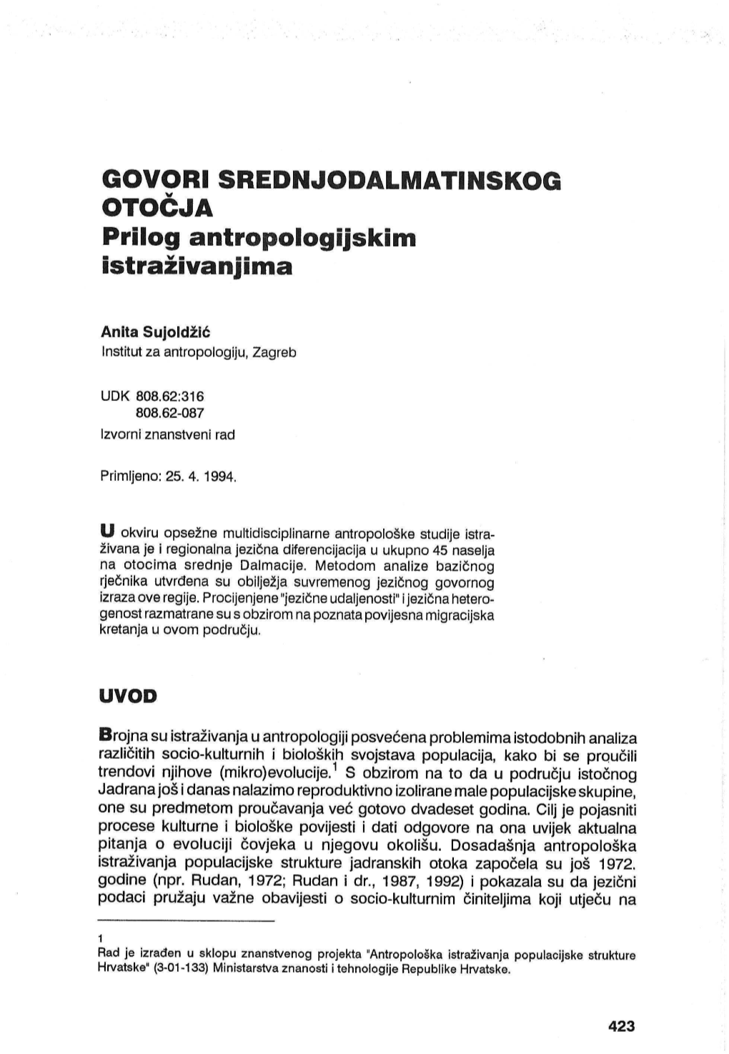 GOVORI SREDNJODALMATINSKOG OTOČJA Prilog Antropologijskim Istraživanjima