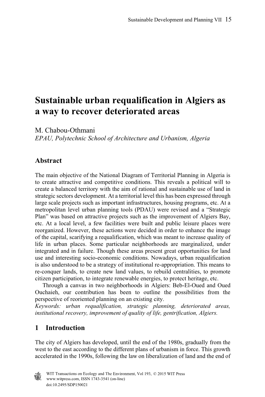 Sustainable Urban Requalification in Algiers As a Way to Recover Deteriorated Areas