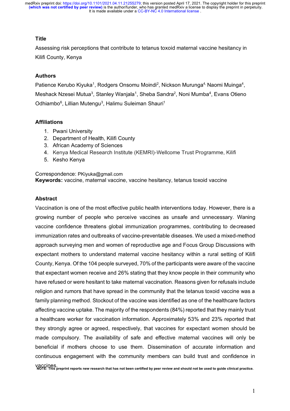 Assessing Risk Perceptions That Contribute to Tetanus Toxoid Maternal Vaccine Hesitancy in Kilifi County, Kenya