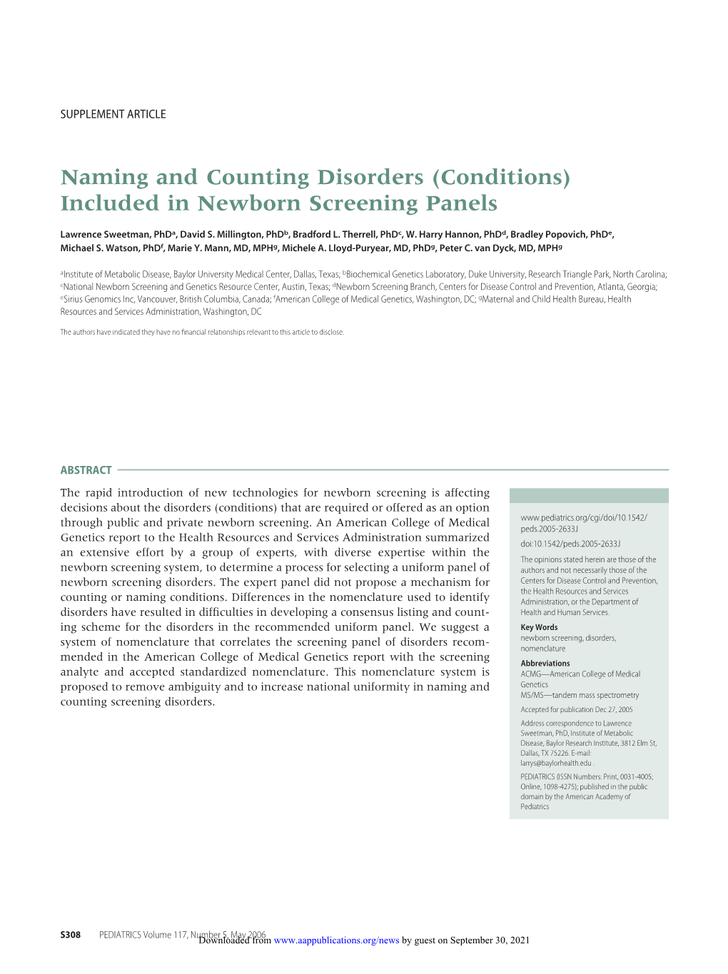 Included in Newborn Screening Panels