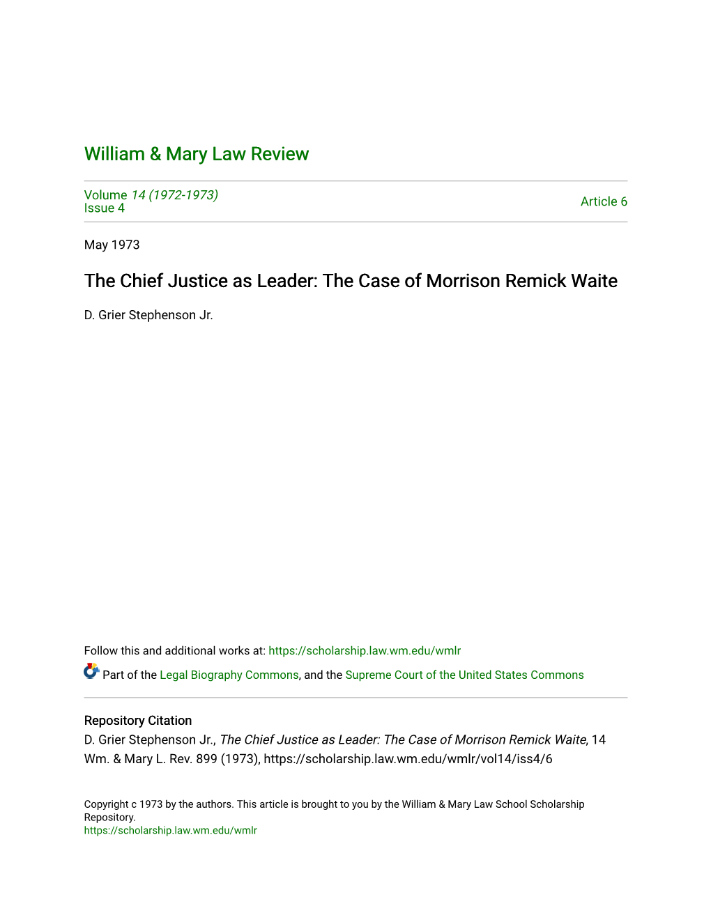 The Chief Justice As Leader: the Case of Morrison Remick Waite